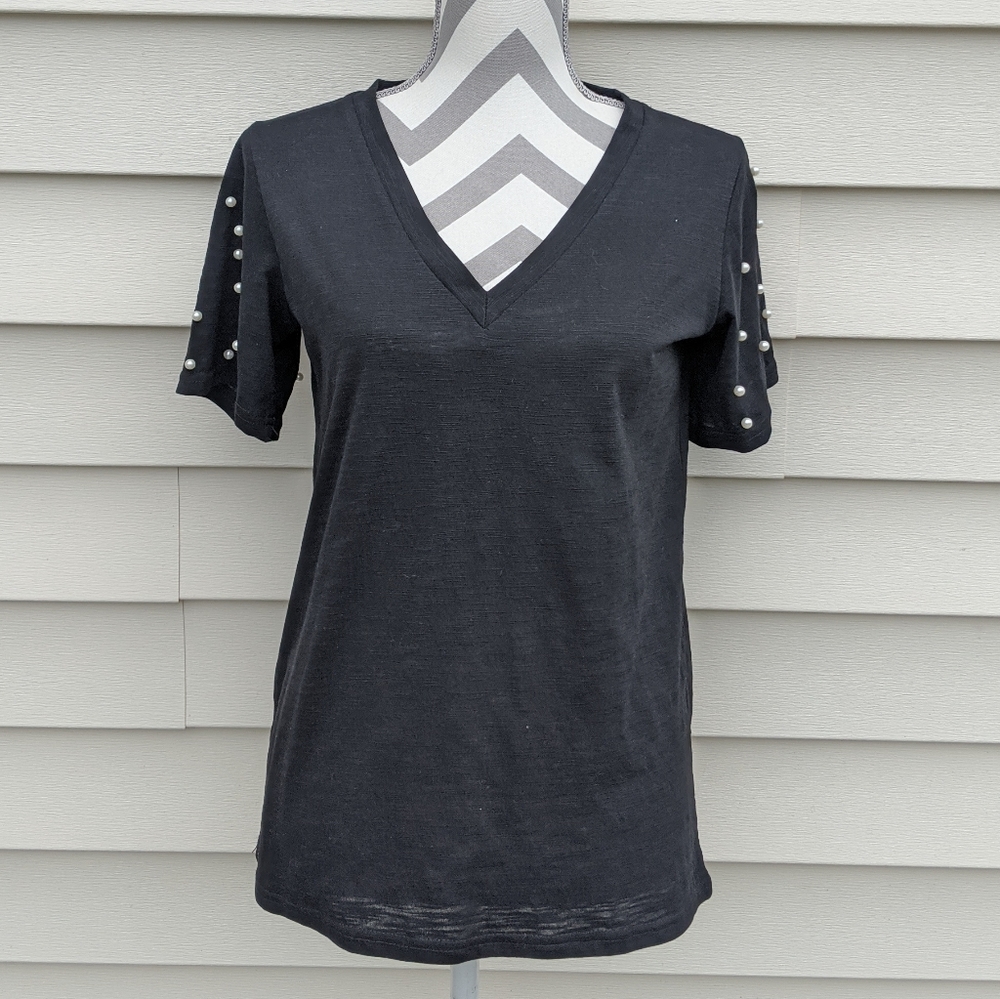 Black V-neck tee, pearl embellished sleeves